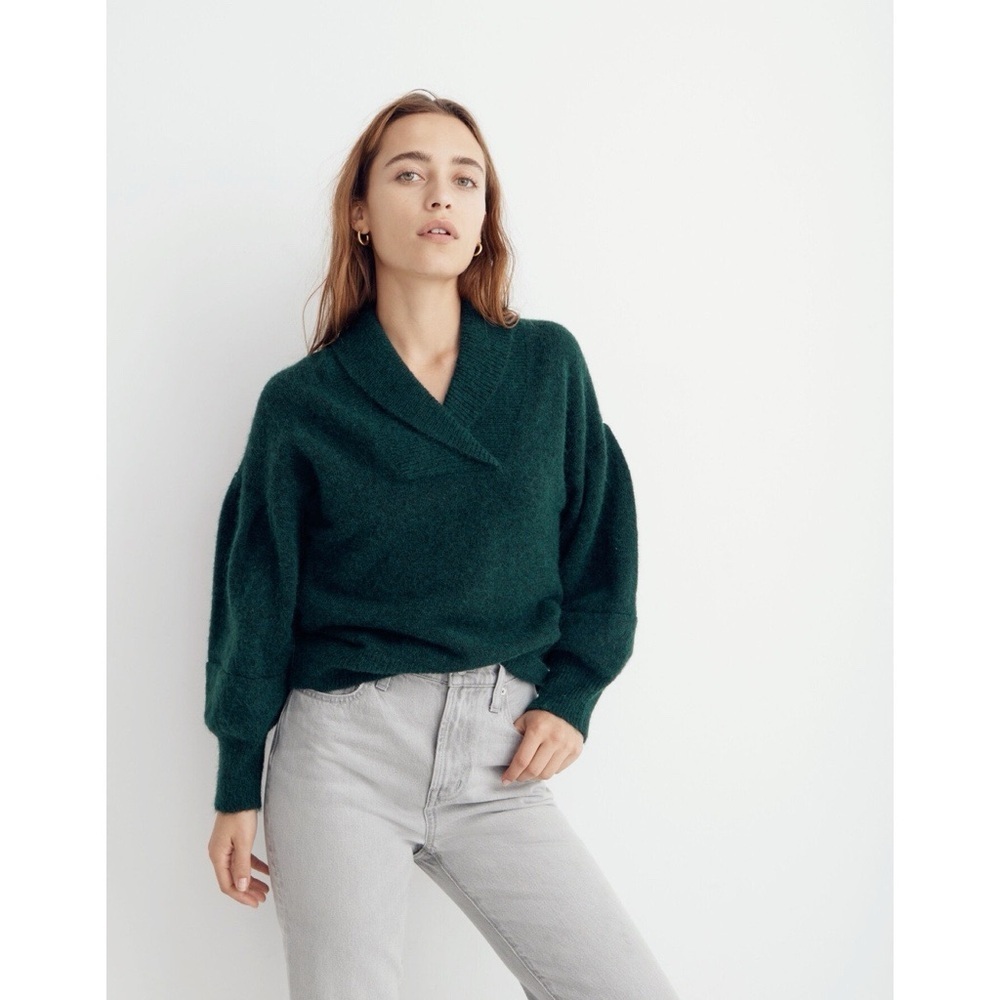 Madewell • Vinson Shawl-Collar Pullover Sweater forest green fuzzy puff sleeve